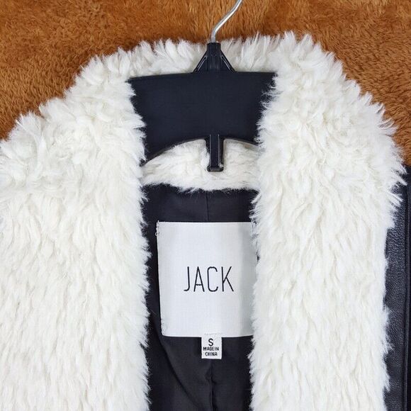 JACK Womens Jacket Small Black Faux Leather Open Draped Sherpa Collar BB DAKOTA - Picture 2 of 8